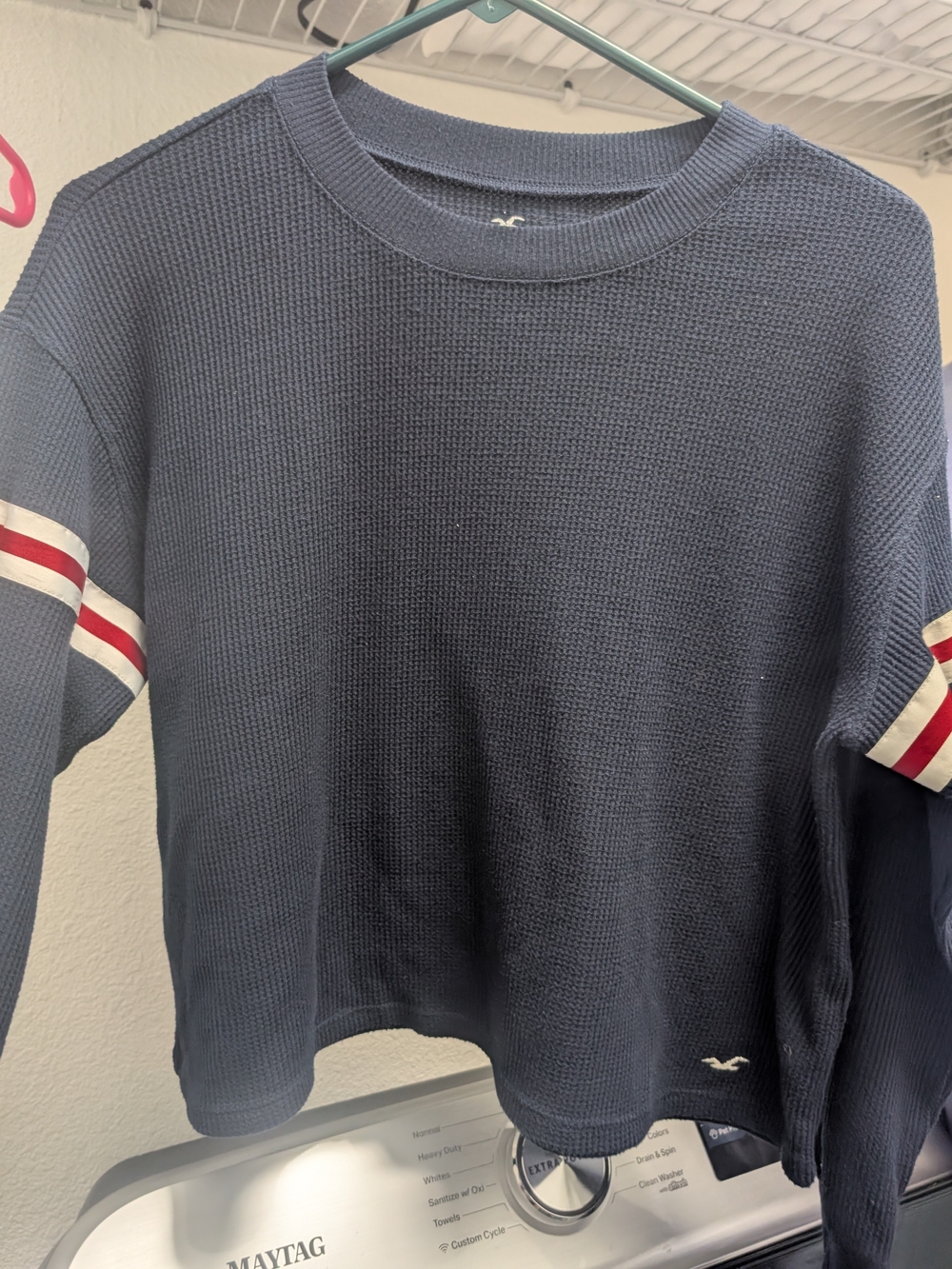 Hollister Navy Waffle-Knit Crewneck Sweater with Stripe Detail